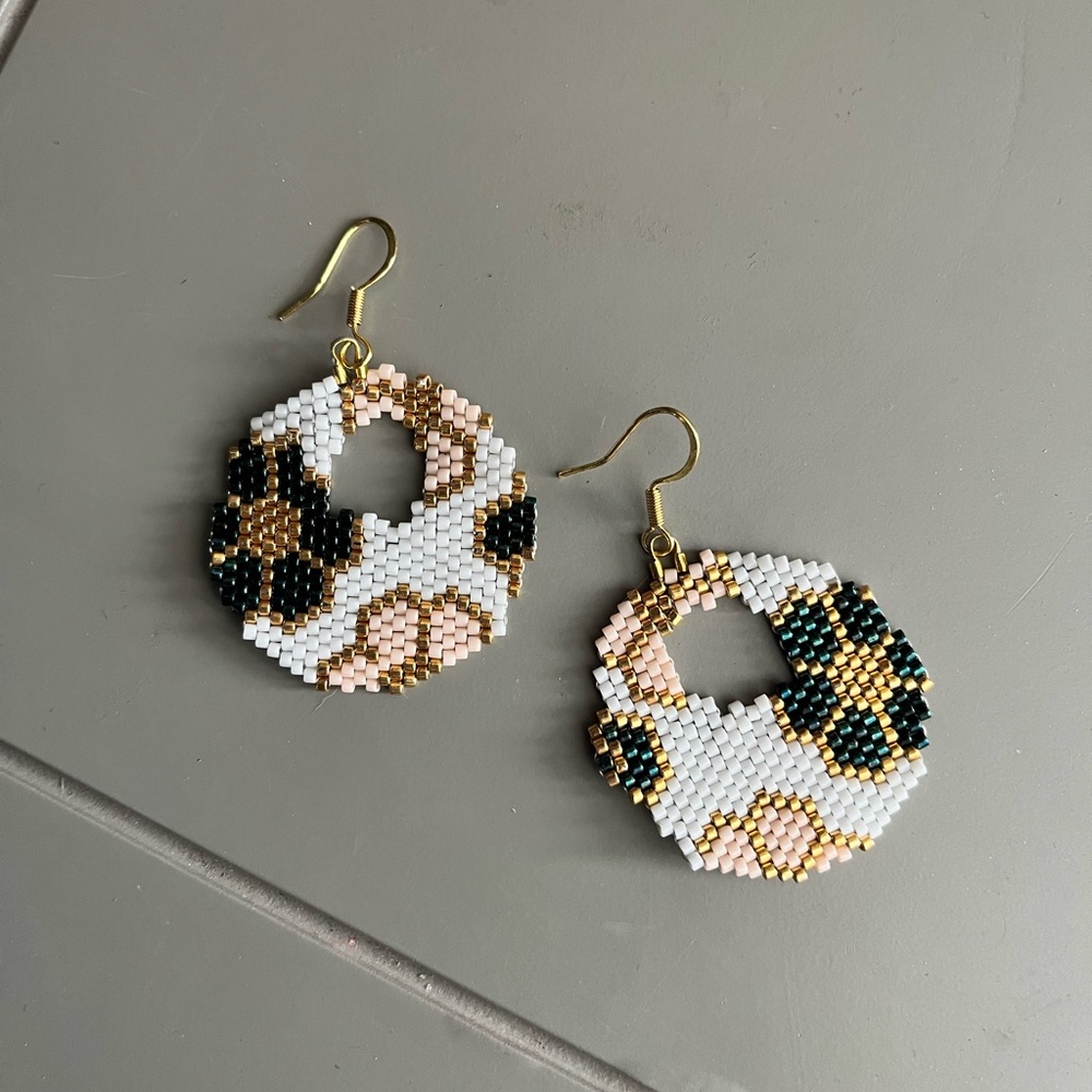 Handmade Elegant Beaded hoop Earrings in Gold, White, and Blue